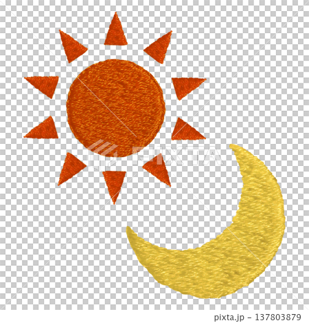 [Sun and Crescent Moon] Hand-embroidered illustration material 137803879
