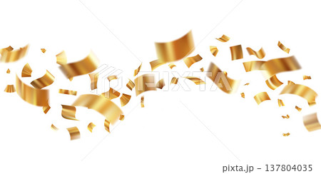 Golden confetti explosion with festive ribbons and glitter particles for birthday atmosphere. Isolated vector background with flying paper elements and sparkling effects. 137804035