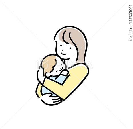 明るいパステルカラーの赤ちゃんを優しく抱っこする母親｜育児・子育てイメージ カラフル 137805061