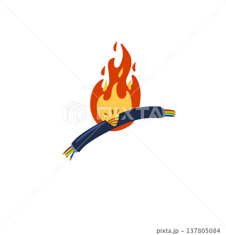 Burning cable, electric wire fire, short circuit damage hazard concept. Electrical cord flame danger, spark energy power accident. Burning cable industrial safety risk, ignite heat equipment. Burning cable, electric wire fire, short circuit damage hazard concept. Electrical cord flame danger, spark energy power accident. Burning cable industrial safety risk, ignite heat equipment. 137805084
