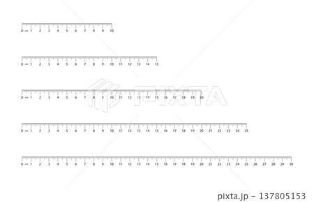 Set of metric rulers measuring 10, 15, 20, 25, and 30 centimeters, isolated on a transparent background. Vector 137805153