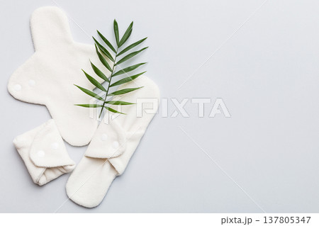 lean feminine sanitary napkin with green leaf. Absence of menstruation in woman. Minimal concept of female menopause. Copy space top view 137805347