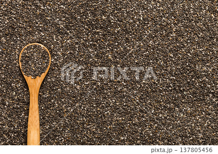 Space for text Texture of chia seeds with wooden spoon, superfood concept. Top view Space for text Texture of chia seeds with wooden spoon, superfood concept. Top view 137805456