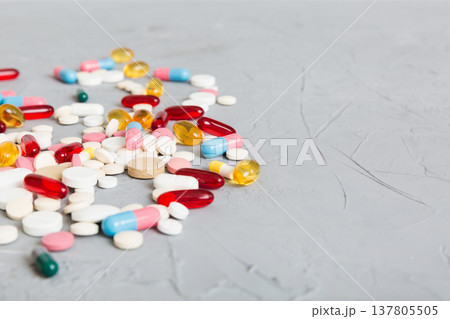 Collection Of Various Medical Tablets And Pills. Assorted pharmaceutical medicine pills, tablets and capsules on table background. Heap of assorted various medicine tablets. Health care Collection Of Various Medical Tablets And Pills. Assorted pharmaceutical medicine pills, tablets and capsules on table background. Heap of assorted various medicine tablets. Health care 137805505