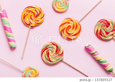 Set of colorful lollipops on colored background. Summer concept. Party Happy Birthday or Minimalist Concept 137805527
