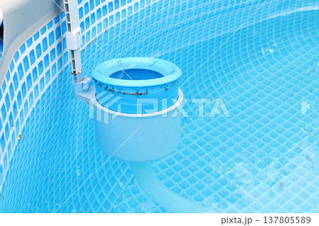 Top view of the blue skimmer for cleaning the pool in clear water. Contaminated pool cleaning concept 137805589