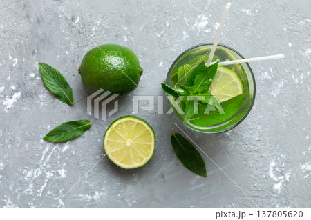 Caipirinha, Mojito cocktail, vodka or soda drink with lime, mint and straw on table background. Refreshing beverage with mint and lime in glass top view flat lay Caipirinha, Mojito cocktail, vodka or soda drink with lime, mint and straw on table background. Refreshing beverage with mint and lime in glass top view flat lay 137805620