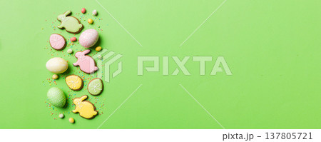 holiday preparation Multi colors Easter eggs with cookies on colored background . Pastel color Easter eggs. holiday concept with copy space holiday preparation Multi colors Easter eggs with cookies on colored background . Pastel color Easter eggs. holiday concept with copy space 137805721