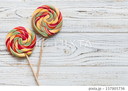 Set of colorful lollipops on colored background. Summer concept. Party Happy Birthday or Minimalist Concept 137805736