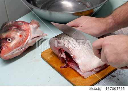 Man prepares fresh silver carp fish. Cuts it into steaks with a knife. home cooking concept 137805765
