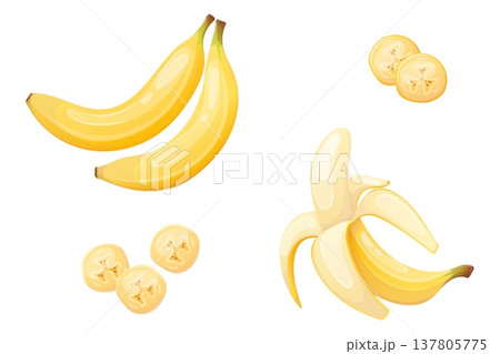 Set of vector images of whole, peeled banana and its slices 137805775