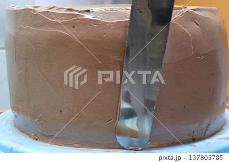 Confectioner woman is smearing cream on sides of cake using spatula, closeup view. culinary, baking and cooking food concept, home cooking Confectioner woman is smearing cream on sides of cake using spatula, closeup view. culinary, baking and cooking food concept, home cooking 137805785