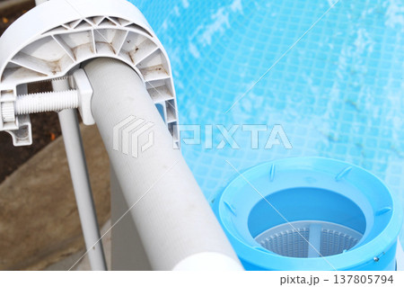 Top view of the blue skimmer for cleaning the pool in clear water. Contaminated pool cleaning concept Top view of the blue skimmer for cleaning the pool in clear water. Contaminated pool cleaning concept 137805794