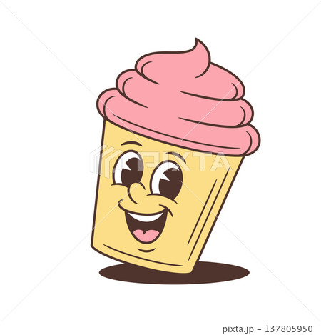 Happy Joyful Cupcake With Pink Cream Sweet Dessert Food Cartoon Character Vector Illustration 137805950