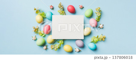 round frame multicolored Easter eggs with white blank paper on a brown background, close-up, space for text, blank for design, selective focus, tinted image round frame multicolored Easter eggs with white blank paper on a brown background, close-up, space for text, blank for design, selective focus, tinted image 137806018