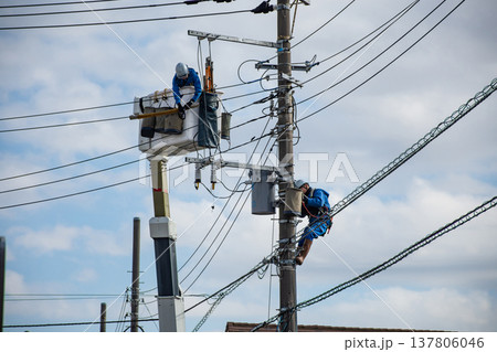 電柱の電気工事をする作業員 電柱の電気工事をする作業員 137806046