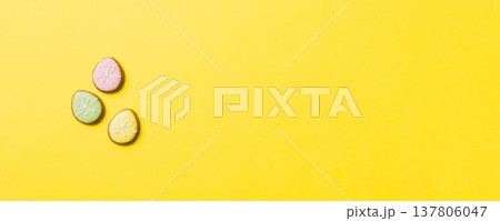 holiday preparation Multi colors Easter eggs with cookies on colored background . Pastel color Easter eggs. holiday concept with copy space holiday preparation Multi colors Easter eggs with cookies on colored background . Pastel color Easter eggs. holiday concept with copy space 137806047