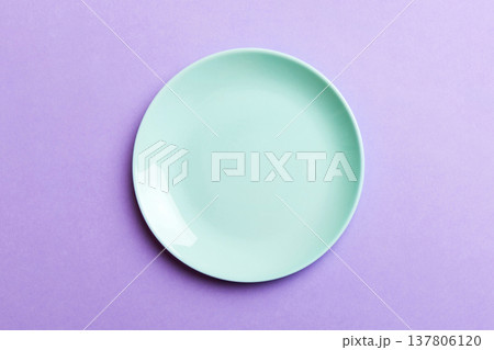 Top view of isolated of colored background empty round blue plate for food. Empty dish with space for your design 137806120