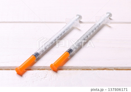 Top view of insulin syringe prepared for injection at wooden background. Diabetes concept with copy space Top view of insulin syringe prepared for injection at wooden background. Diabetes concept with copy space 137806171