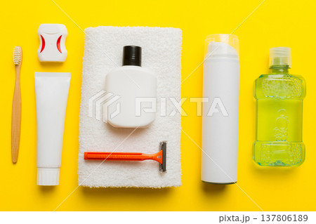 Mockup for bathing products top view flat lay, spa razor, toothpaste, soap, gel and other various accessories. Cosmetics for skin health. Bath Mockup for your logo Mockup for bathing products top view flat lay, spa razor, toothpaste, soap, gel and other various accessories. Cosmetics for skin health. Bath Mockup for your logo 137806189