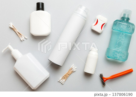 Mockup for bathing products top view flat lay, spa razor, toothpaste, soap, gel and other various accessories. Cosmetics for skin health. Bath Mockup for your logo Mockup for bathing products top view flat lay, spa razor, toothpaste, soap, gel and other various accessories. Cosmetics for skin health. Bath Mockup for your logo 137806190