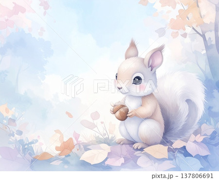 パステル調の森でどんぐりを抱える可愛いリスの幻想イラスト素材 137806691