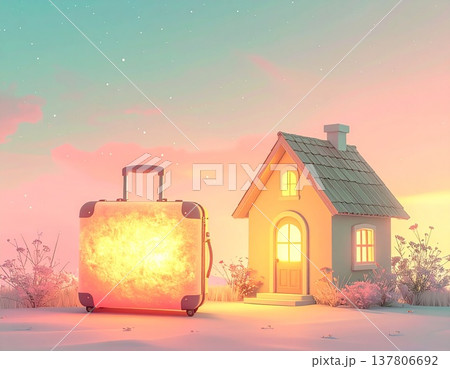 光るスーツケースと小さな家が並ぶ幻想的な旅立ちのイメージ素材 137806692