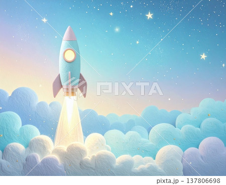 星空へ飛び立つロケットと夢や挑戦を象徴する幻想背景素材 137806698