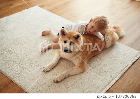 Resting on the floor. Little boy is with Shibu Inu dog at home Resting on the floor. Little boy is with Shibu Inu dog at home 137806868