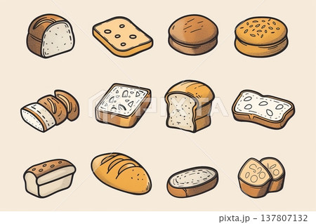 Bread loaves icon, bakery products set, flat minimal pastry collection, baked buns, baguettes symbols 137807132