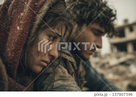 瓦礫の中、寄り添う兄と妹 137807396