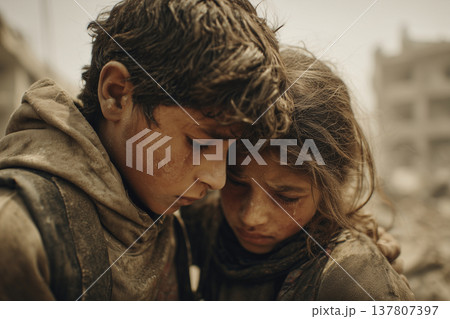 瓦礫の中、寄り添う兄と妹 137807397