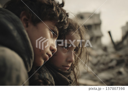 瓦礫の中、寄り添う兄と妹 137807398