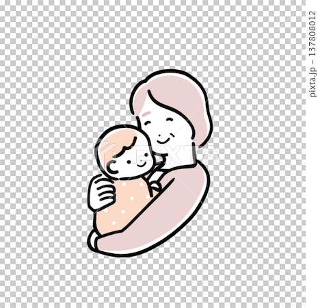 優しいシンプルカラーの赤ちゃんを優しく抱っこする祖母｜育児・子育てイメージ 137808012