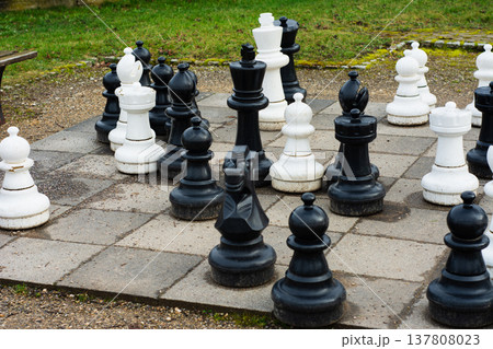 Giant chess pieces on an outdoor board inviting strategic battles under a cloudy sky in a tranquil garden setting 137808023