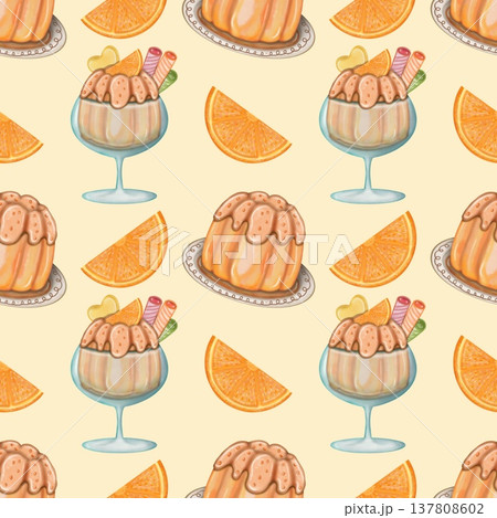 Seamless pattern creamy fluted Orange pudding dessert, Hand drawn watercolor illustration. For menus, labels, paper, textiles and seasonal fabric.	 137808602