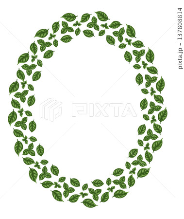 Basil leaf oval frame vector food illustration. Hand drawn cartoon wreath with green herb foliage. Fresh aromatic seasoning for restaurant menu graphic. Perfect for logo design and product packaging. Basil leaf oval frame vector food illustration. Hand drawn cartoon wreath with green herb foliage. Fresh aromatic seasoning for restaurant menu graphic. Perfect for logo design and product packaging. 137808814