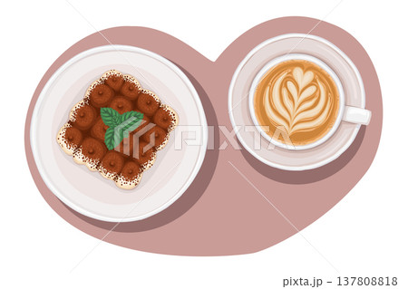 Italian tiramisu and cappuccino coffee top view vector food illustration. Hand drawn composition with heart shaped background. Sweet dessert for cafe menu design. Perfect for restaurant packaging. 137808818