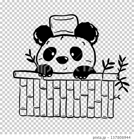 A panda with a hat perching on a bamboo fence cartoon outline illustration 137808944