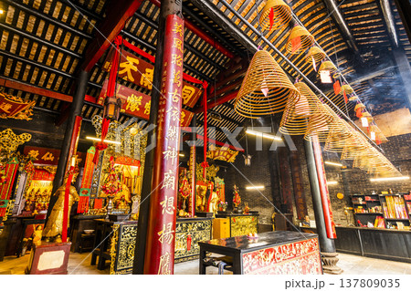 Building view of the Hong Kung Temple in Macau, is consecrated to a mix of Buddhist gods and Taoist deities. 137809035