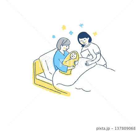 ベッドで赤ちゃんを抱くママと笑顔の看護師 137809068
