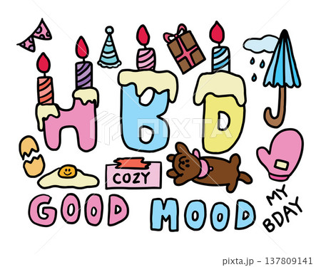 Vector illustrations of kid drawing style elements including HBD letters with candles, dog, egg, party hat, gift box, cloud and rain, umbrella, good mood, cozy vibe, kitchen glove for decoration, icon 137809141