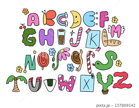 Hand drawn vector illustrations of fancy A to Z alphabet letters for font, typography, text, message, campaign badge, initials, name design, print, calligraphy, sticker, education book, icons, kids 137809142