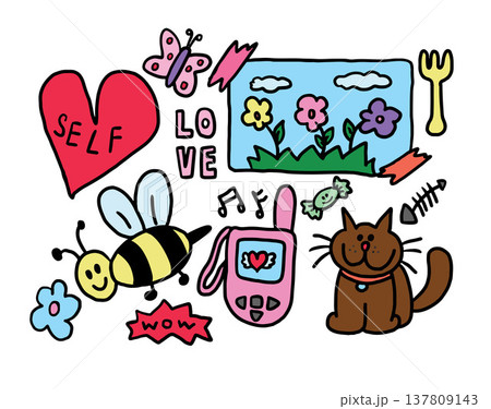 Vector illustrations of kid drawing style elements including self love heart, butterfly, bee, flip phone, flower, postcard, cat, candy, fork, fish bone for decorations, stickers, icon set, summer vibe 137809143