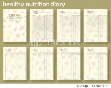 A mockup of a healthy nutrition diary template shows blank pages for tracking daily meals and water intake. Each page includes sections to fill out details about food and nutrition 137809157