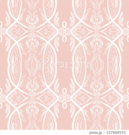 Blush Pink and White Boho Floral Seamless Pattern with Ornamental Medallions Blush Pink and White Boho Floral Seamless Pattern with Ornamental Medallions 137809553