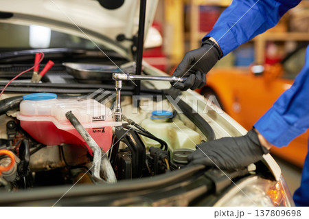 ボンネットの中を修理する自動車整備士 137809698