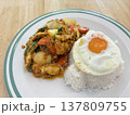 Thai stir fry rice fried egg egg yolk white plate home cooked comfort food lunch dinner rustic table homemade Thai stir fry with rice and fried egg white plate over rustic wooden table 137809755