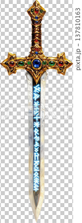 輝くルーン文字と宝石が装飾されたファンタジーの魔法剣 137810163