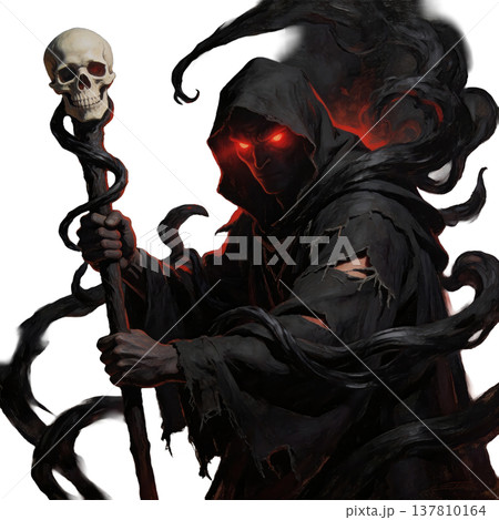 闇を纏う魔術師、燃えるような赤い目と骸骨の杖を構えるフードの人物 137810164